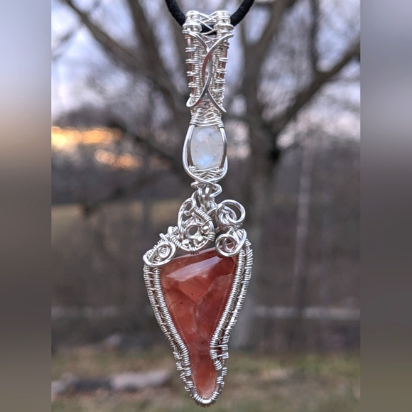 Sterling Silver Moonstone And Strawberry Rhodochrosite Pendant Necklace Handmade - Picture 17 of 17